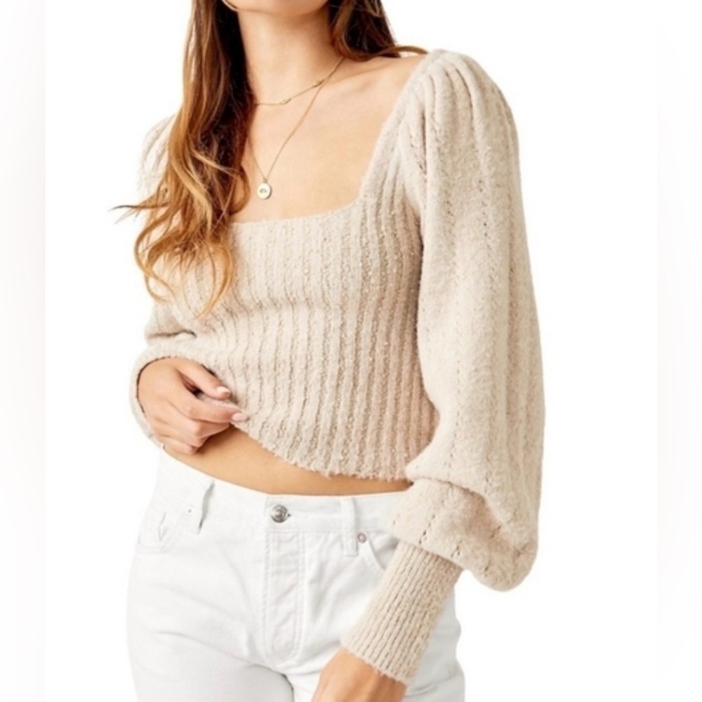 Free People Katie Rib Pullover Sweater Large Sand Balloon Sleeve Rib Cropped